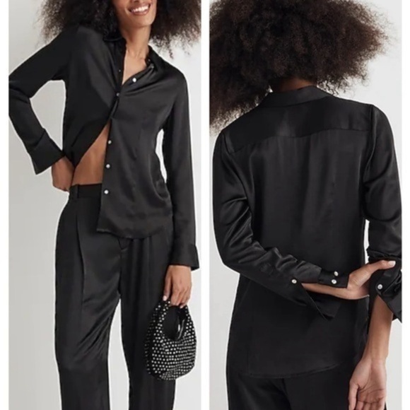 Madewell Darted Button Up Satin Shirt Black size 8 NWT - Picture 1 of 11
